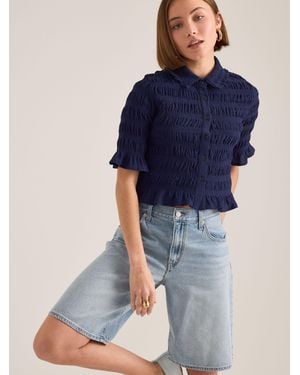 Anthropologie Maeve Ruffle Button-Front Short Puff Sleeved Top - Blue