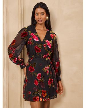 Love & Roses Floral Devore Wrap Mini Dress - Black