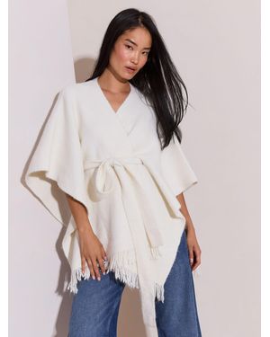 Lipsy Soft Touch Belted Fringe Cape Poncho - White