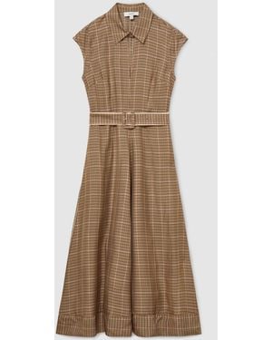 Reiss Neutral Check Sammie Collared Check Belted Midi Dress - Natural