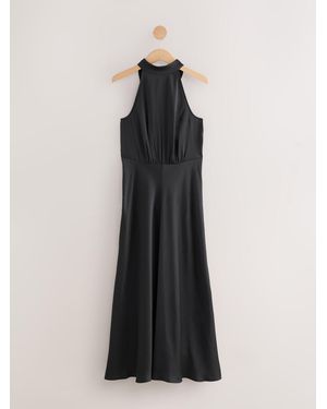 Next Textured Satin Halter Sleeveless Midi Dress - Black
