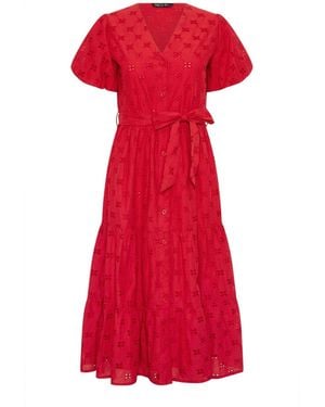 M Com Petite Broderie Button Through Midi Dress - Red