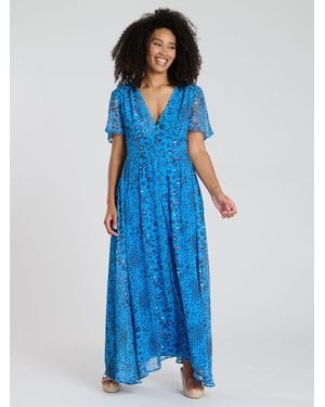 South Beach Printed Metallic Chiffon Button Detail Maxi Dress - Blue