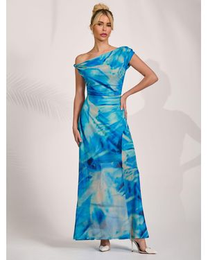 Jolie Moi Mesh Asymmetrical Off-Shoulder Maxi Dress - Blue