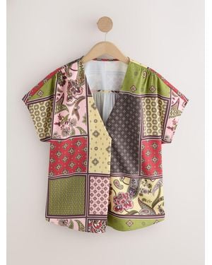 Next Multicoloured Patchwork Print Short Sleeve Overhead V-Neck Blouse - Grey