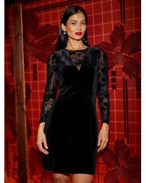 Yumi' Fitted Velvet Dress With Sheer Floral Sleeves - Red