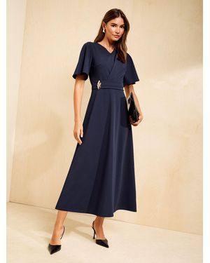 Friends Like These Flutter Sleeve Ruched Hardware Midi Dress - Blue