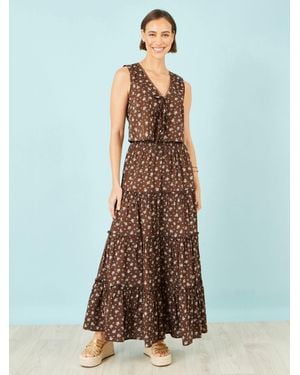 Yumi' Cotton Tiered Boho Maxi Skirt - Brown