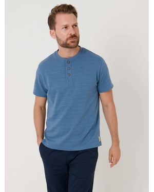 Saltwell Textured Stripe Grandad Collar T-Shirt - Blue