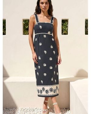Roman Leaf Print Ric Rac Midi Dress - Black