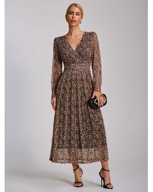 Jolie Moi Long Sleeve Pleated Lace Maxi Dress - Brown