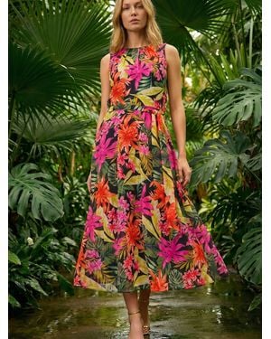 Roman Leaf Print Chiffon Pleat Neck Midi Dress - Green