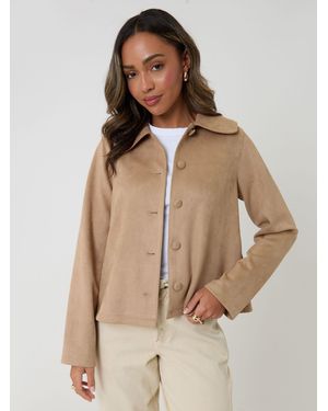 Threadbare Faux Suede Peter Pan Collar Cropped Jacket - Natural