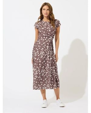 M Com Polka Dot Side Twist Midi Dress - Brown