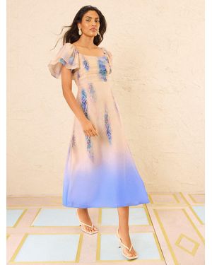 Love & Roses Flutter Sleeve Pleated Bodice Midi Dress - Blue