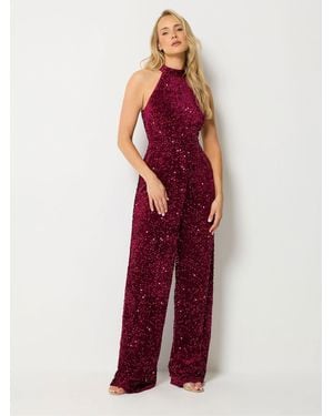 Long Tall Sally Sequin Velvet Wide Leg Jumpsuit - Red
