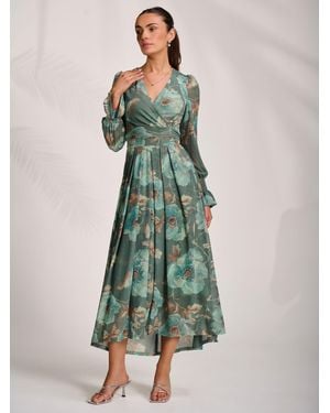 Jolie Moi Long Sleeve V-Neck Mesh Maxi Dress - Green