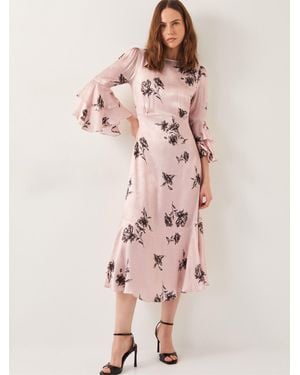Monsoon Pelia Floral Print Satin Ruffle Midi Dress - Pink
