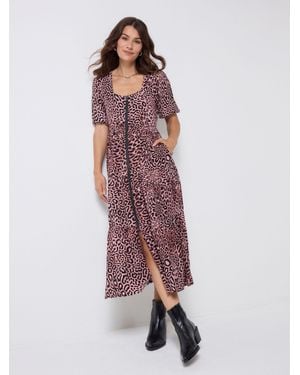 Scamp & Dude Cheetah Zip Front Square Neck Midi Tiered Dress