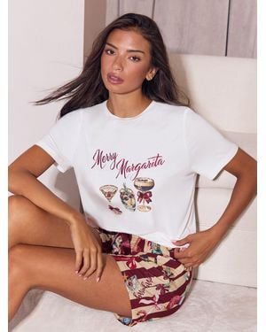 Lipsy Burgundy Christmas Merry Margarita T-Shirt And Short Pajamas Set - White