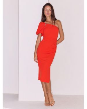 Lipsy Puff Sleeve One Shoulder Ruched Midi Dress - Red
