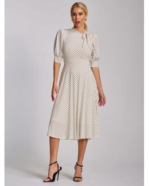 Jolie Moi Tie Neck Puffy Sleeve Jersey Midi Dress - Natural