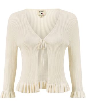Yumi' Tie Up Ribbed Cardigan With Frill Hem - White