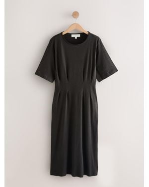 Next Short Sleeve Waisted Midi Dress With Linen - Black