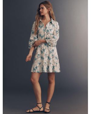 Anthropologie Maeve The Bettina Tiered Mini Shirt Dress: Linen Edition - Blue