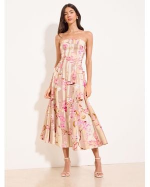Lipsy Stripe Floral Printed Bandeau Touch Of Linen Adjustable Strap Midi Skater Dress - Pink