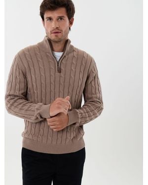 Saltwell Cable Knit Cotton Funnel Neck Quarter Zip Jumper - Natural
