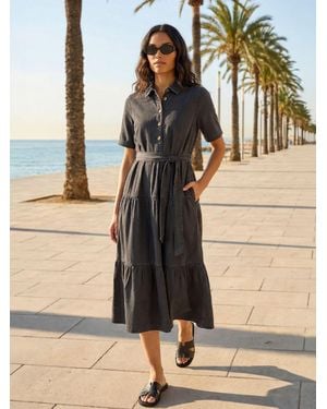 Roman Button Detail Tiered Midi Dress - Black