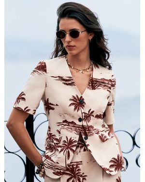 Next Linen Rich Palm Print Short Sleeve Blazer - Multicolor