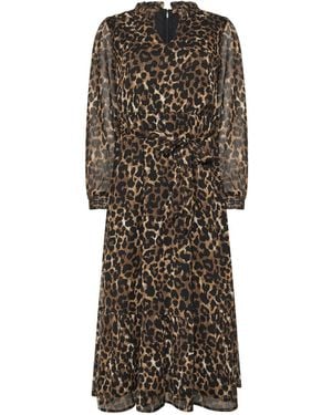 M Com Animal Print Long Sleeve Ruffle Dress - Brown