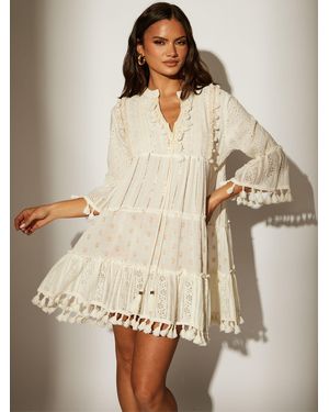 South Beach Metallic Trim Detail Tiered Mini Dress - Natural