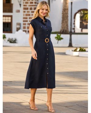 Sosandar Linen Blend Rattan Belted Shirt Dress - Black