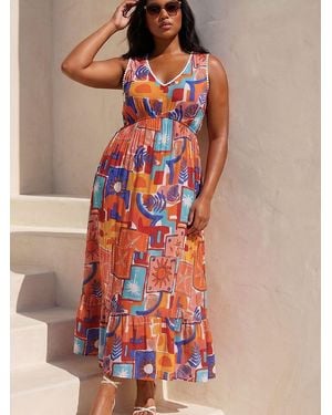 Roman Curve Postcard Print V-Neck Maxi Dress - Red