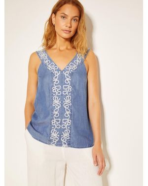 Monsoon Isolde Embroidered Chambray Cami Top - Blue