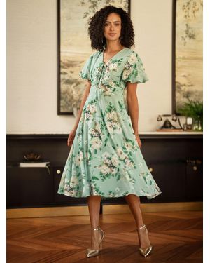 Yumi' Floral Tea Dress With Front Ties - Green