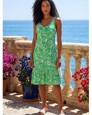 Roman Leaf Print Strappy Frill Dress - Blue