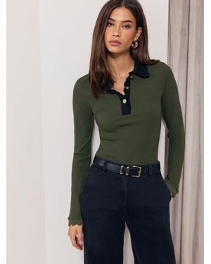 Lipsy Khaki Contrast Collar Long Sleeve Jersey Rib Polo Shirt - Green