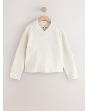 Next Ecru Long Sleeve High V-Neck Fuzzy Knit Sweater With Wool - Natural
