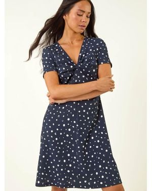 Roman Petite Spot Print Twist Front Dress - Blue