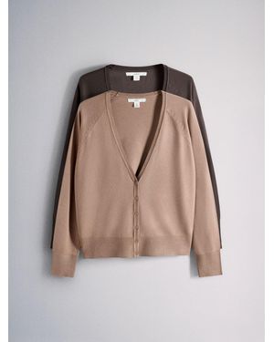 The Set 2 Pack Fine Knitted V-Neck Cardigans Chocolate/Camel - Natural