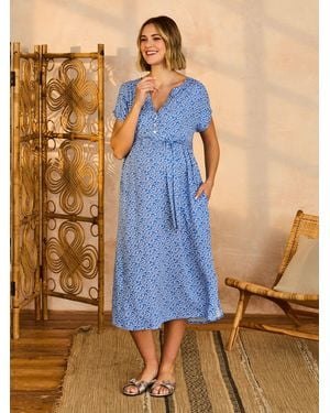 Jojo Maman Bébé Light Button Front Maternity Midi Dress - Blue