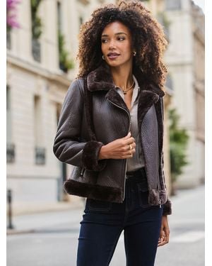 Sosandar Faux Shearling Aviator Jacket - Black