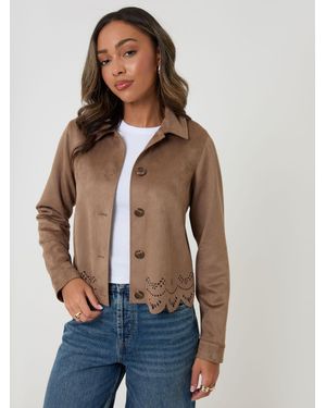 Threadbare Faux Suede Broderie Cropped Jacket - Blue