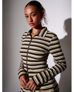 South Beach Towelling Stripe Collared Long Sleeve Zip Through Top - Gray