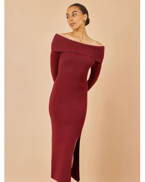 Yumi' Bardot Knitted Fitted Midi Dress - Red