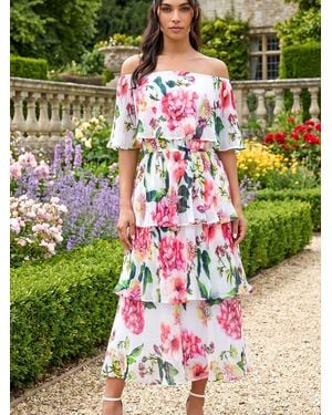 Roman Bardot Floral Print Tiered Dress - Green